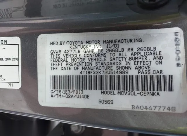 4T1BF32K72U514989 2002 2002 Toyota Camry- Le V6 9