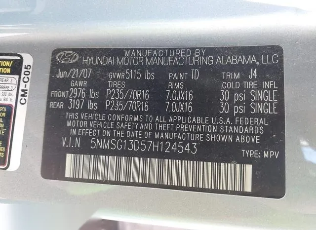 5NMSG13D57H124543 2007 2007 Hyundai Santa Fe- Gls 9