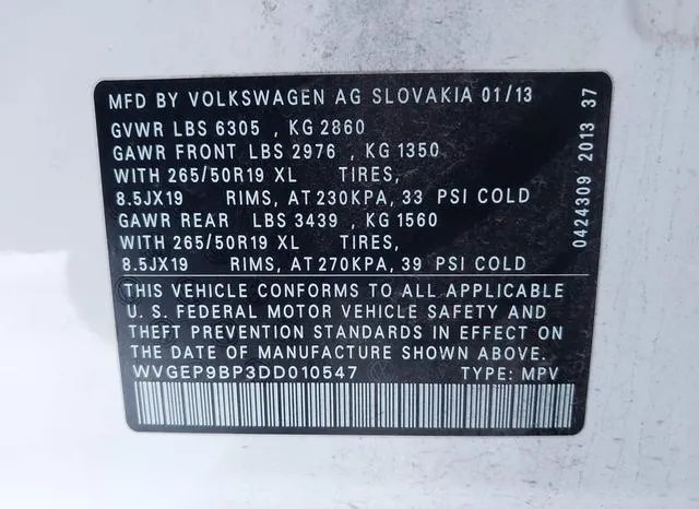 WVGEP9BP3DD010547 2013 2013 Volkswagen Touareg- V6 Tdi 9