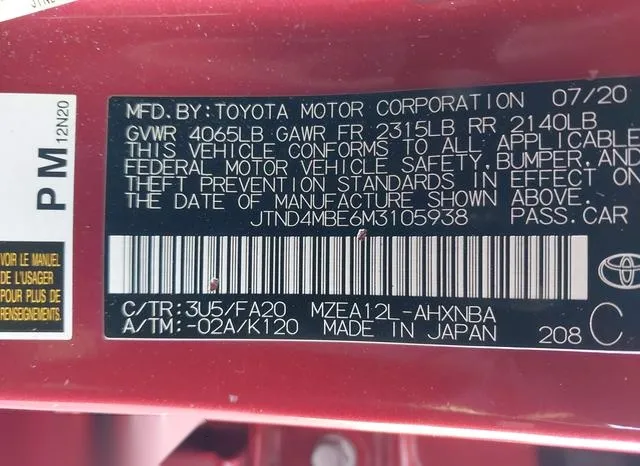 JTND4MBE6M3105938 2021 2021 Toyota Corolla- SE 9