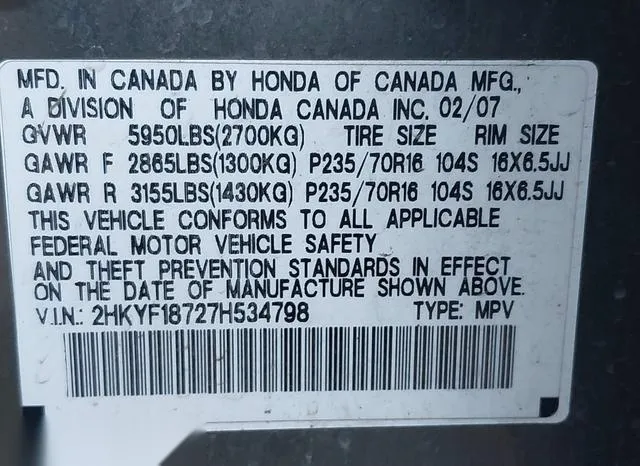 2HKYF18727H534798 2007 2007 Honda Pilot- Ex-L 9