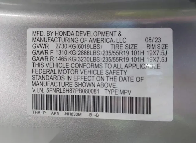 5FNRL6H87PB080081 2023 2023 Honda Odyssey- Touring 9