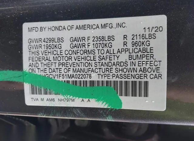 1HGCV1F51MA022078 2021 2021 Honda Accord- Ex-L 9