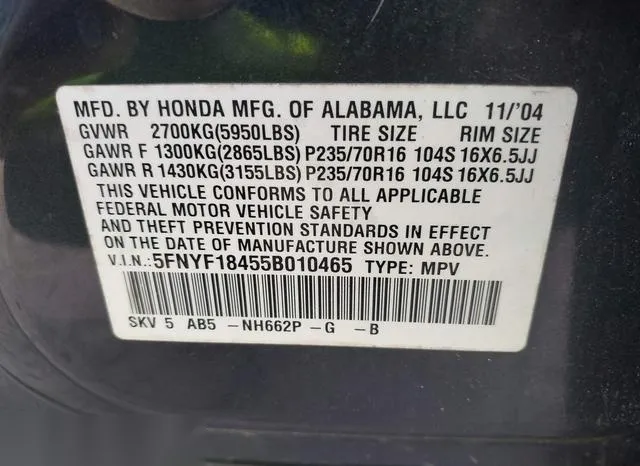 5FNYF18455B010465 2005 2005 Honda Pilot- EX 9