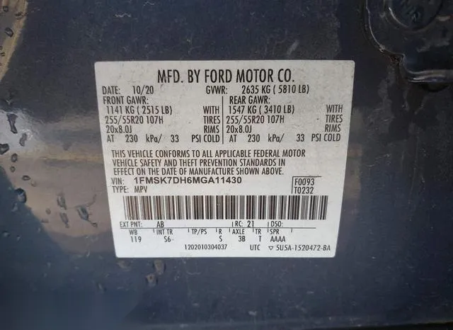 1FMSK7DH6MGA11430 2021 2021 Ford Explorer- Xlt 9