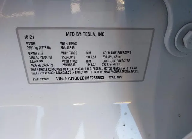 5YJYGDEE1MF285583 2021 2021 Tesla Model Y- Long Range Dual 9