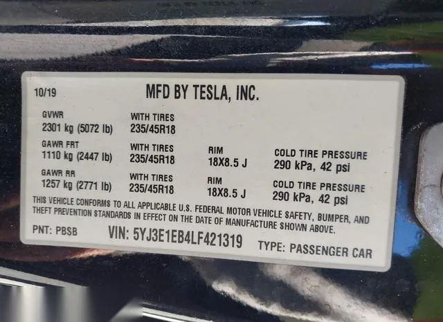 5YJ3E1EB4LF421319 2020 2020 Tesla Model 3- Long Range Dual 9