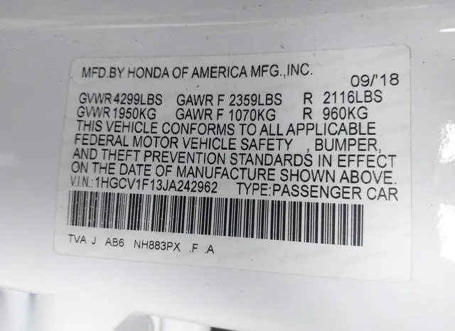 1HGCV1F13JA242962 2018 2018 Honda Accord- LX 9