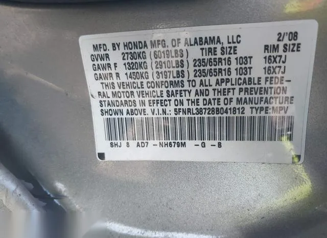 5FNRL38728B041812 2008 2008 Honda Odyssey- Ex-L 9