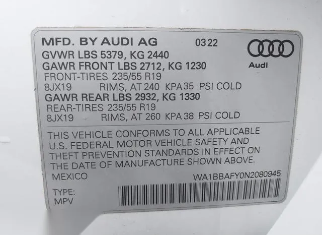 WA1BBAFY0N2080945 2022 2022 Audi Q5- Premium Plus 40 Tfsi Q 9