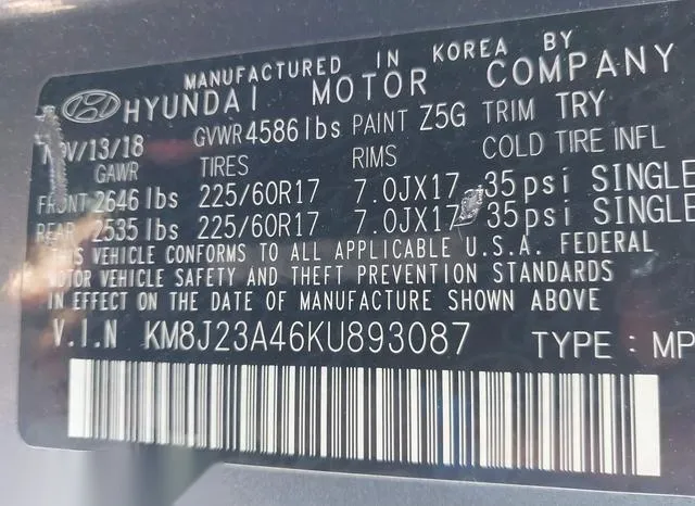 KM8J23A46KU893087 2019 2019 Hyundai Tucson- SE 9