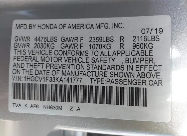 1HGCV1F33KA141777 2019 2019 Honda Accord- Sport 9