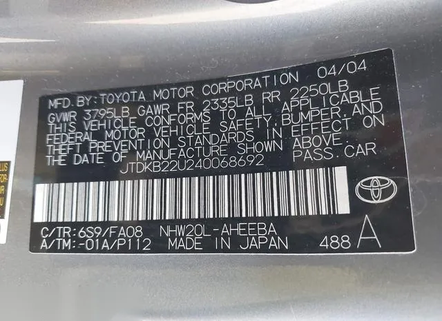 JTDKB22U240068692 2004 2004 Toyota Prius 9