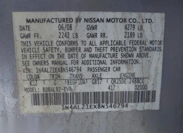 1N4AL21EX8N546794 2008 2008 Nissan Altima- 2-5 S 9