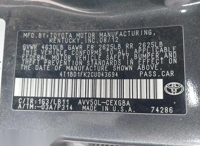 4T1BD1FK2CU043694 2012 2012 Toyota Camry- Hybrid Xle 9