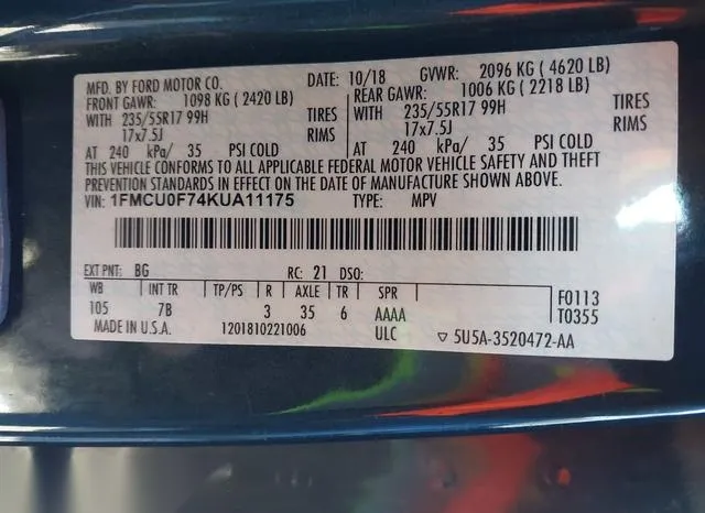 1FMCU0F74KUA11175 2019 2019 Ford Escape- S 9