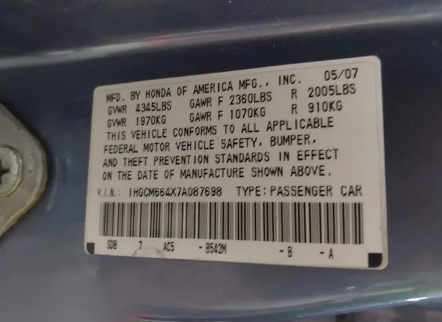 1HGCM664X7A087698 2007 2007 Honda Accord- 3-0 SE 9