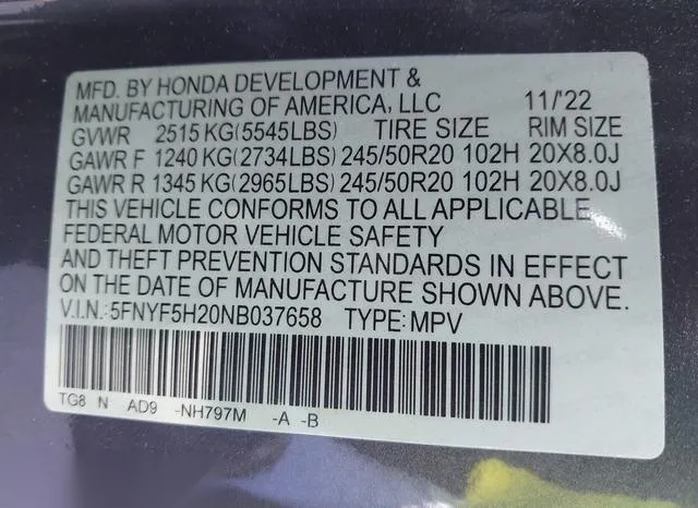 5FNYF5H20NB037658 2022 2022 Honda Pilot- 2Wd Special Edition 9