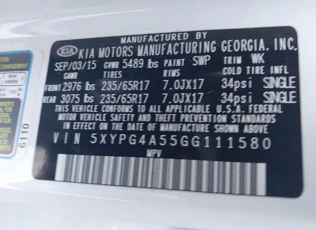 5XYPG4A55GG111580 2016 2016 KIA Sorento- 3-3L Lx 9