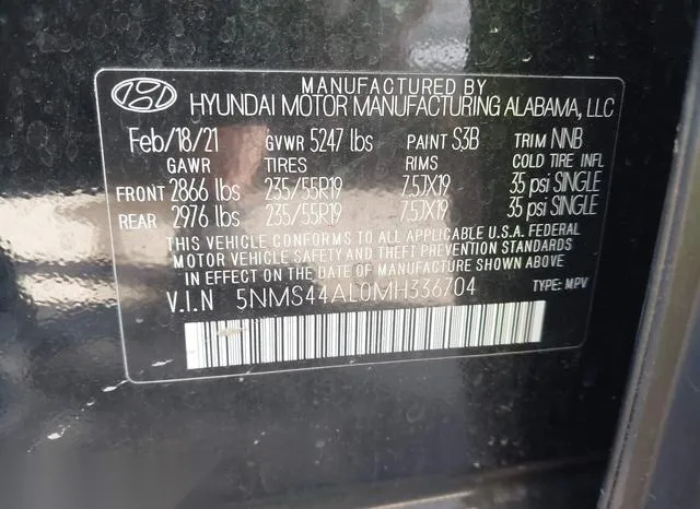 5NMS44AL0MH336704 2021 2021 Hyundai Santa Fe- Limited 9