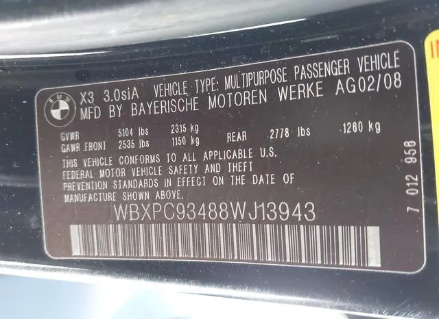 WBXPC93488WJ13943 2008 2008 BMW X3- 3-0SI 9