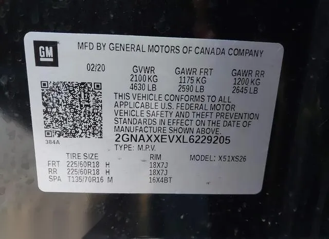 2GNAXXEVXL6229205 2020 2020 Chevrolet Equinox- Awd Premier 9