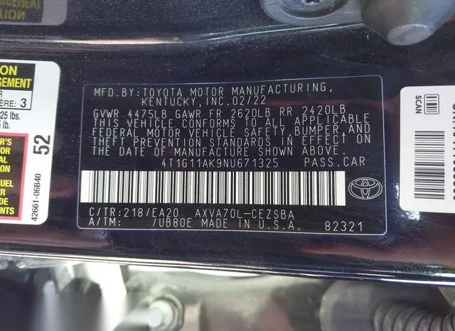 4T1G11AK9NU671325 2022 2022 Toyota Camry- SE 9