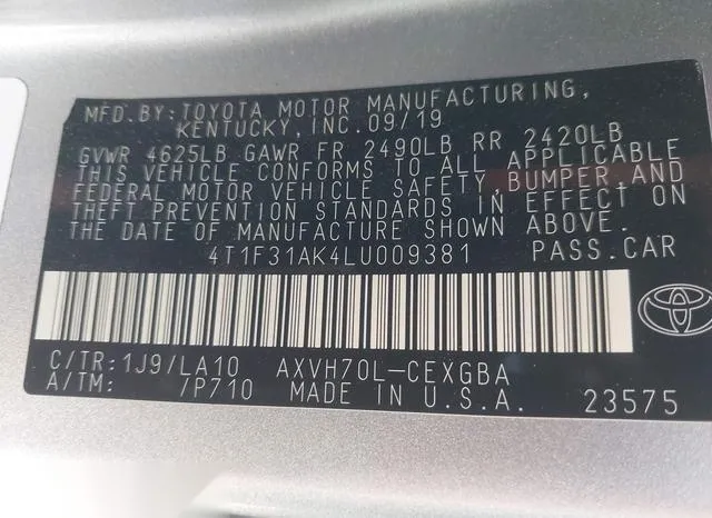 4T1F31AK4LU009381 2020 2020 Toyota Camry- Xle Hybrid 9