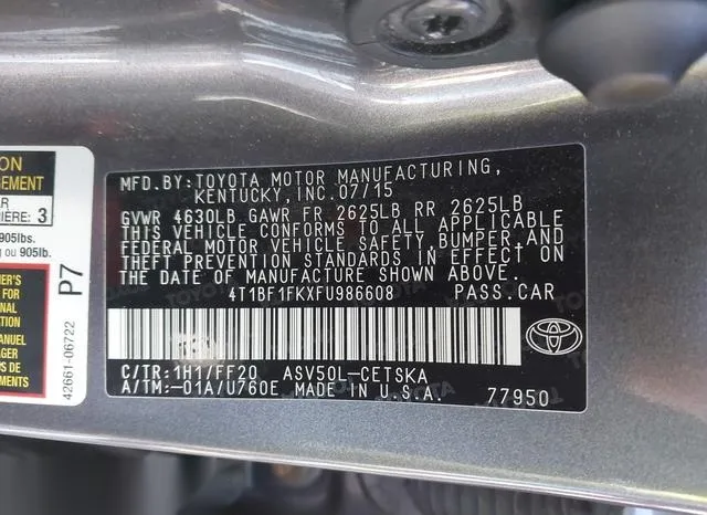 4T1BF1FKXFU986608 2015 2015 Toyota Camry- SE 9