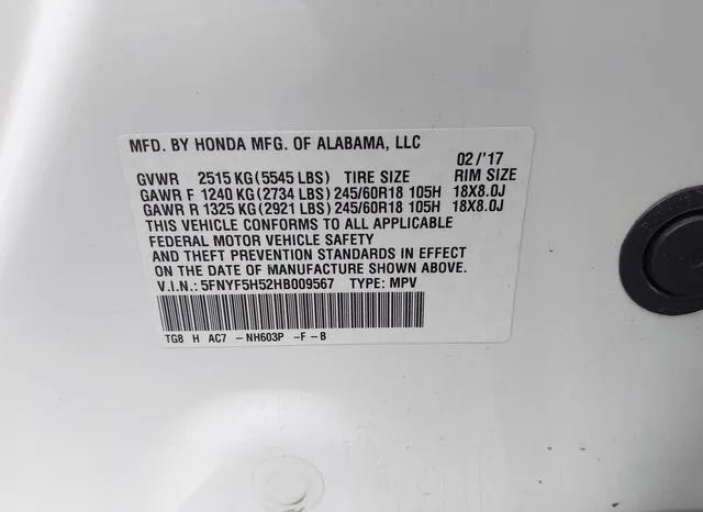 5FNYF5H52HB009567 2017 2017 Honda Pilot- Ex-L 9