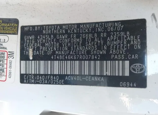 4T4BE46K67R007842 2007 2007 Toyota Camry- LE 9