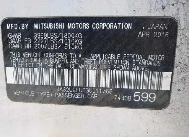 JA32U2FU6GU011766 2016 2016 Mitsubishi Lancer- ES 9