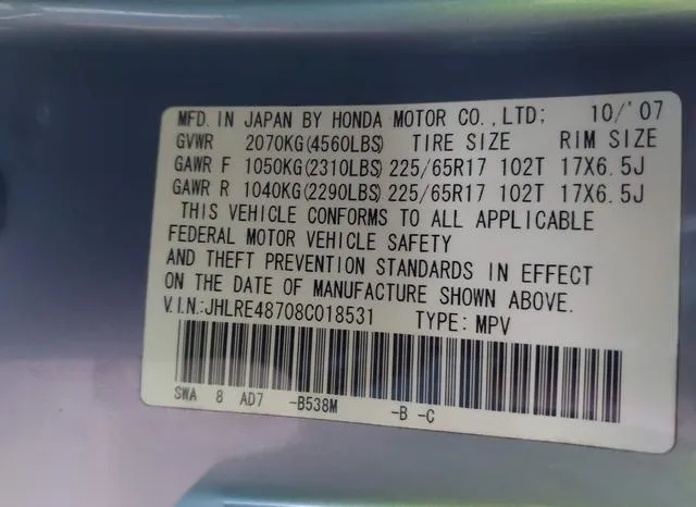 JHLRE48708C018531 2008 2008 Honda CR-V- Ex-L 9