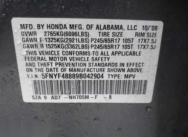 5FNYF48889B042904 2009 2009 Honda Pilot- Touring 9