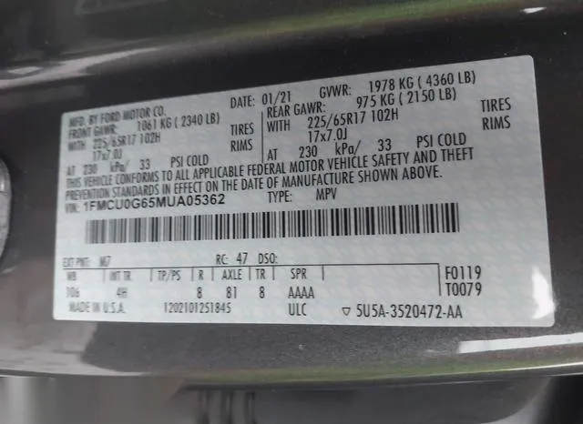 1FMCU0G65MUA05362 2021 2021 Ford Escape- SE 9