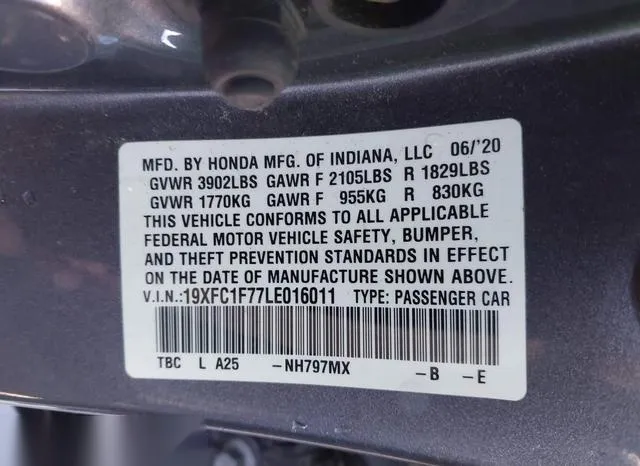 19XFC1F77LE016011 2020 2020 Honda Civic- Ex-L 9