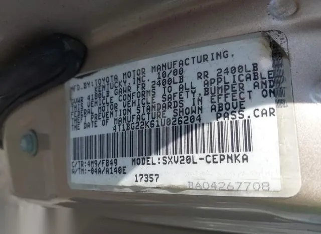 4T1BG22K61U026204 2001 2001 Toyota Camry- LE 9