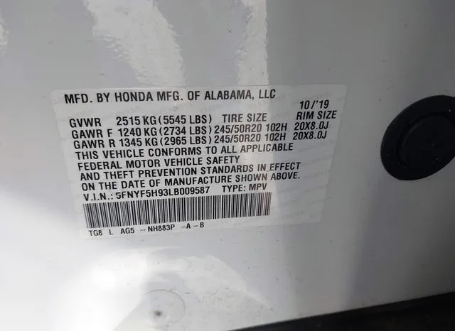 5FNYF5H93LB009587 2020 2020 Honda Pilot- 2Wd Touring 8 Pass 9