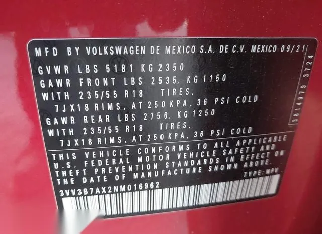 3VV3B7AX2NM016962 2022 2022 Volkswagen Tiguan- 2-0T Se 9