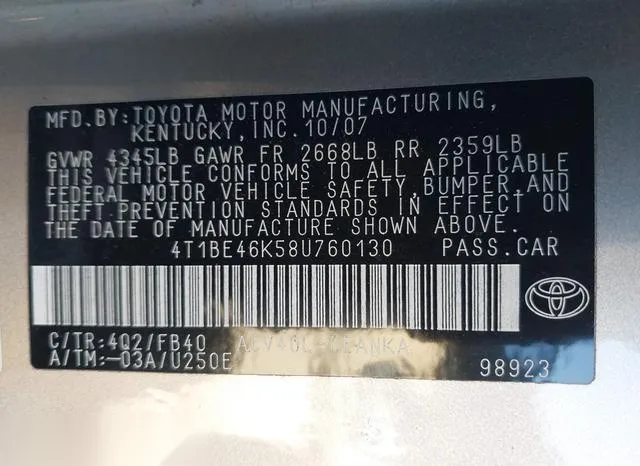 4T1BE46K58U760130 2008 2008 Toyota Camry- LE 9