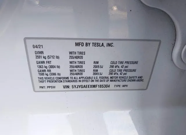 5YJYGAEEXMF185304 2021 2021 Tesla Model Y- Long Range Dual 9