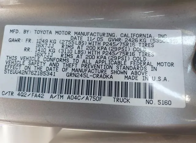 5TEUU42N76Z185341 2006 2006 Toyota Tacoma- Base V6 9