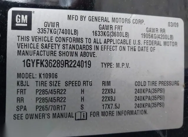 1GYFK36289R224019 2009 2009 Cadillac Escalade- Esv Platinum 9