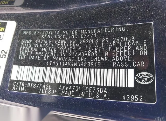 4T1G11AK4MU488946 2021 2021 Toyota Camry- SE 9