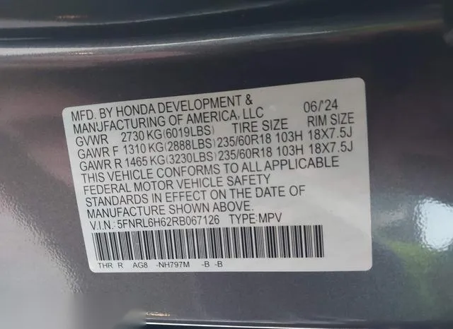 5FNRL6H62RB067126 2024 2024 Honda Odyssey- Ex-L 9