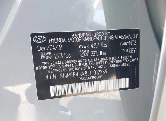 5NPEF4JA8LH012259 2020 2020 Hyundai Sonata- Sel 9