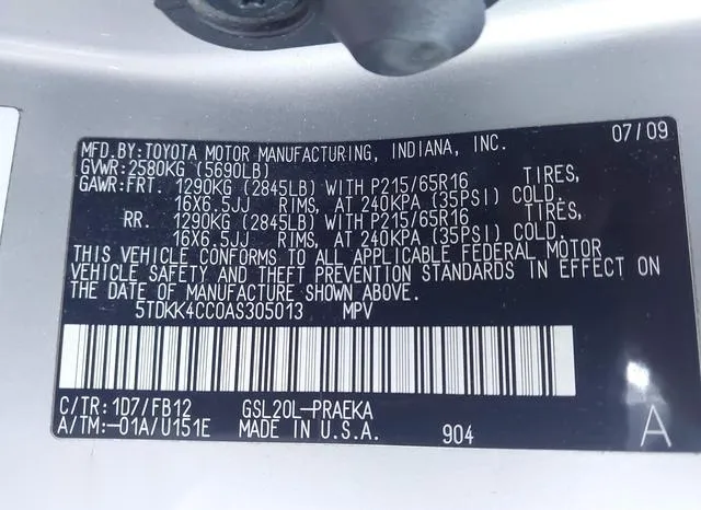 5TDKK4CC0AS305013 2010 2010 Toyota Sienna- CE 9