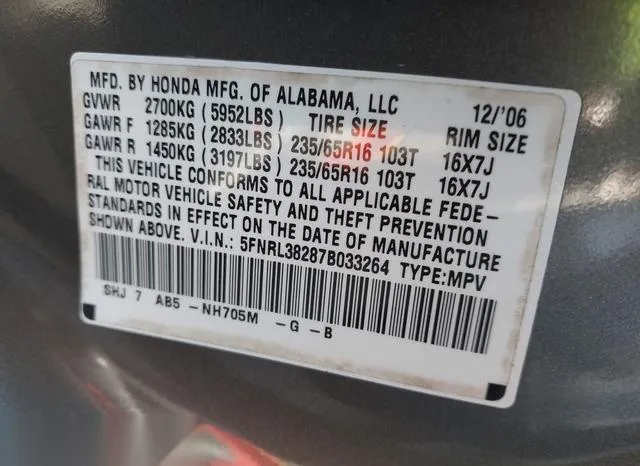 5FNRL38287B033264 2007 2007 Honda Odyssey- LX 9