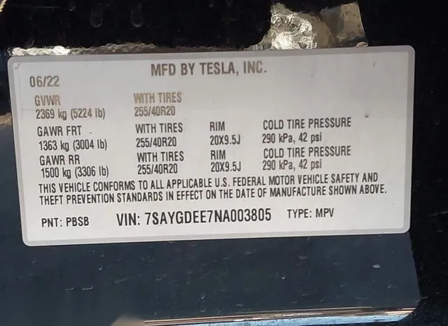 7SAYGDEE7NA003805 2022 2022 Tesla Model Y- Long Range Dual 9