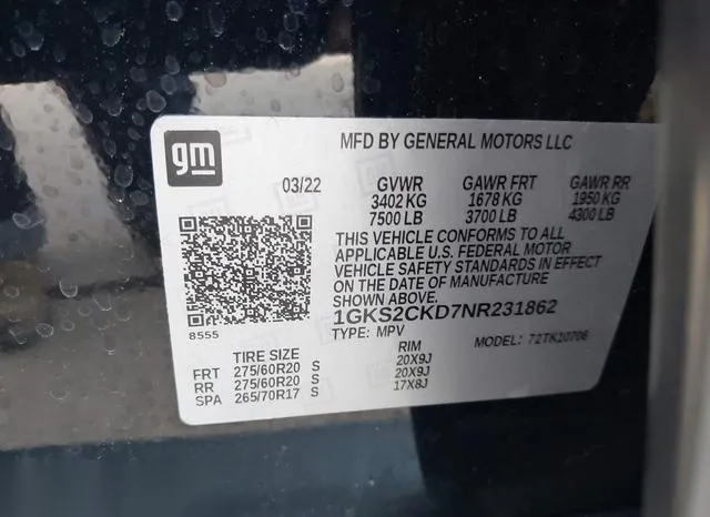 1GKS2CKD7NR231862 2022 2022 GMC Yukon- 4Wd At4 9